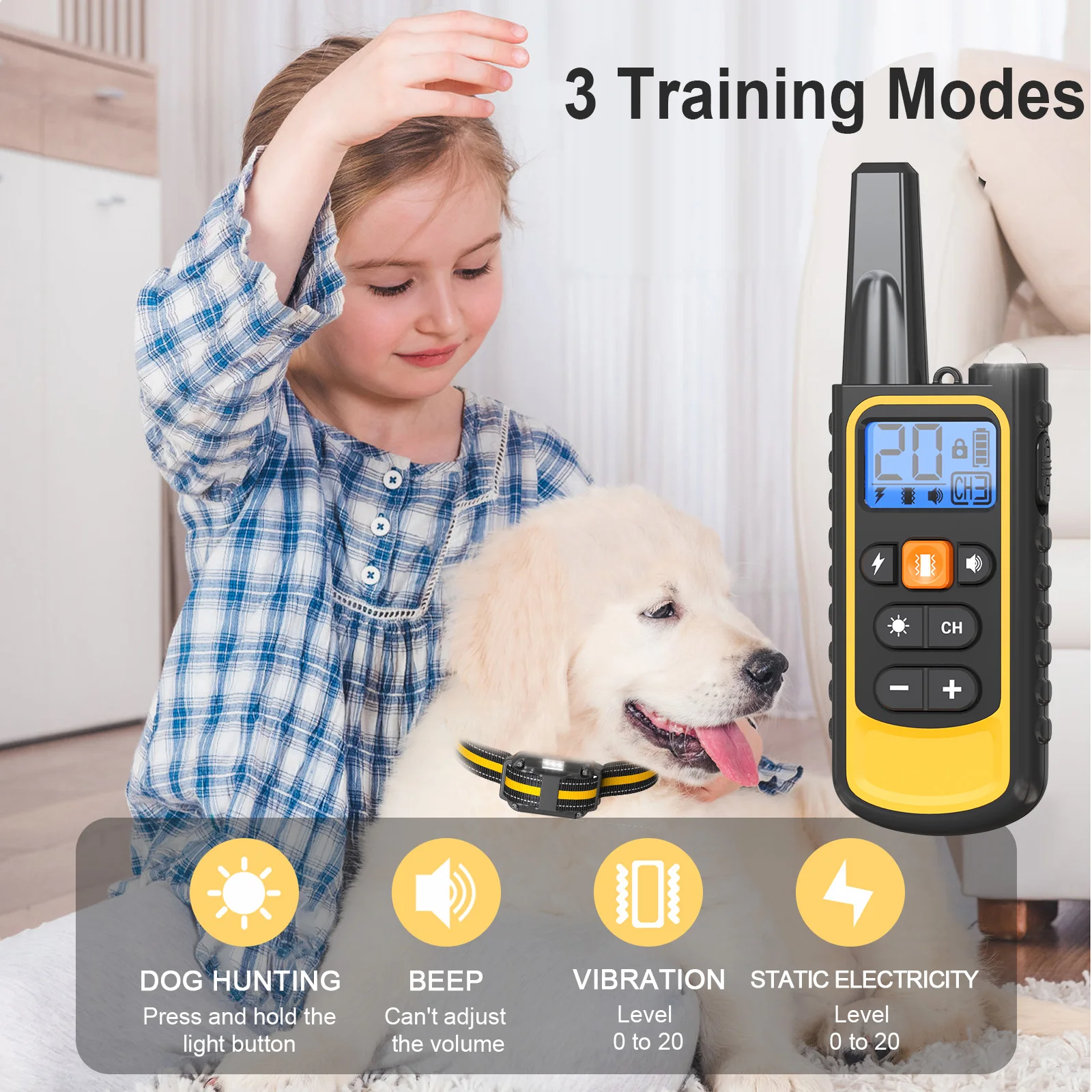 Dog Training Collar with Remote, Waterproof Bark Collar with Beep Vibration Shock and Night Light Modes Rechargeable for Dogs