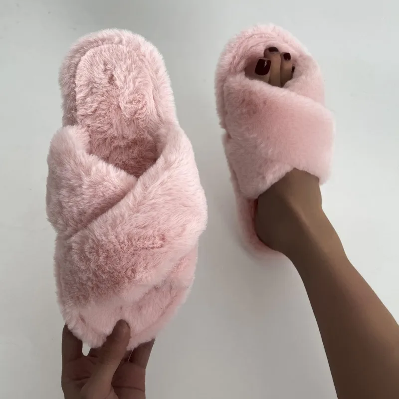 Popular Cross Furry Slippers Female Fluffy Slides Autumn Winter Outdoor Fashion Sexy EVA Light Flip Flops Sweat Soft Flat Shoes