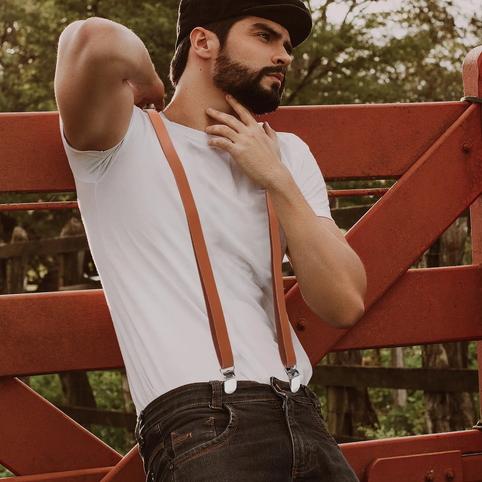 Tirantes Ajustables de PU Marrón con Diseño en Y para Hombres y Mujeres, Altura 153-176 cm, Clip Antideslizante para Vestidos, Pantalones Casuales y Vaqueros