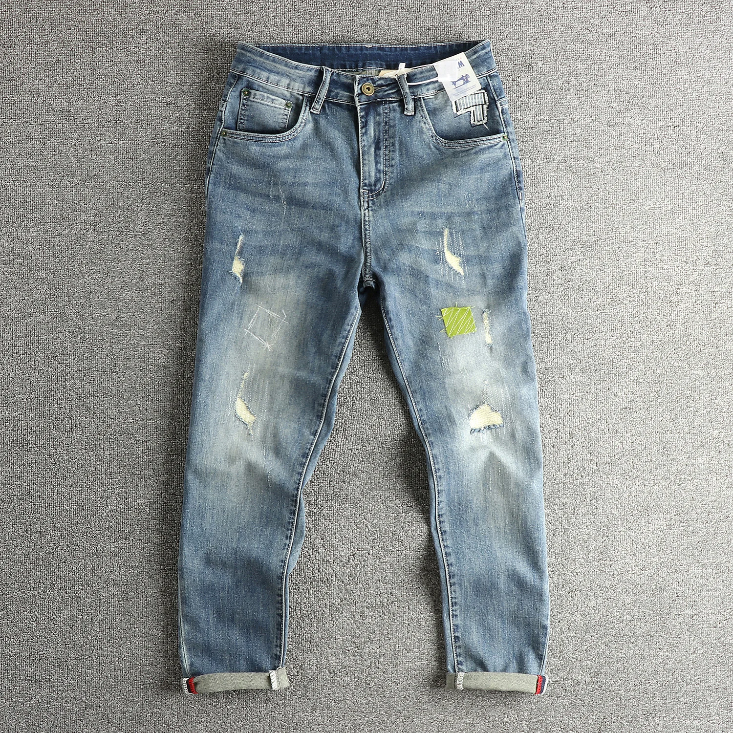 

Retro Trendy Men's Denim Jeans Patchwork Hole Youth Casual Cotton Stretch Fabric Wear Resistant Slim Fit Spring Autumn Long T...