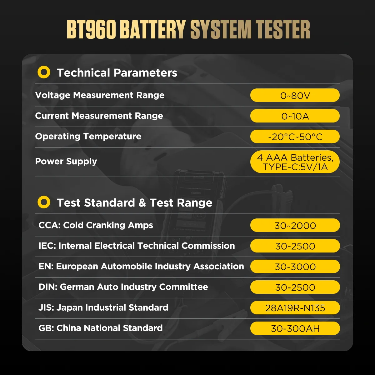 AUTOOL BT960 supported test standards