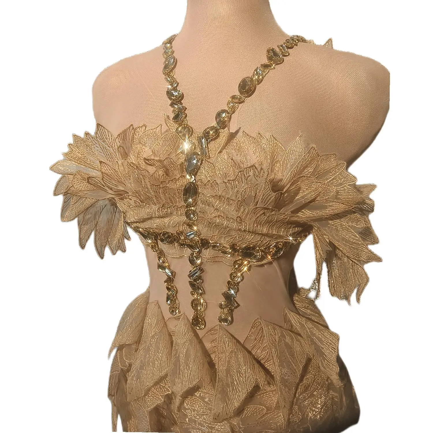 

Golden Cicada Wings Dress Shinny Crystal Birthday Party Dresses for Stage Performance Costumes Formal Prom Evening Dress Jinchan