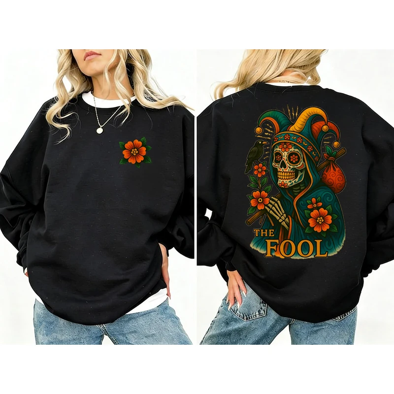 Tarot Shirt Women Sweater Mujer Jumper Tarot Graphic Jumper Mujer Sudadera The Fool Skeleton Folk Art Chrysanthemum Pattern