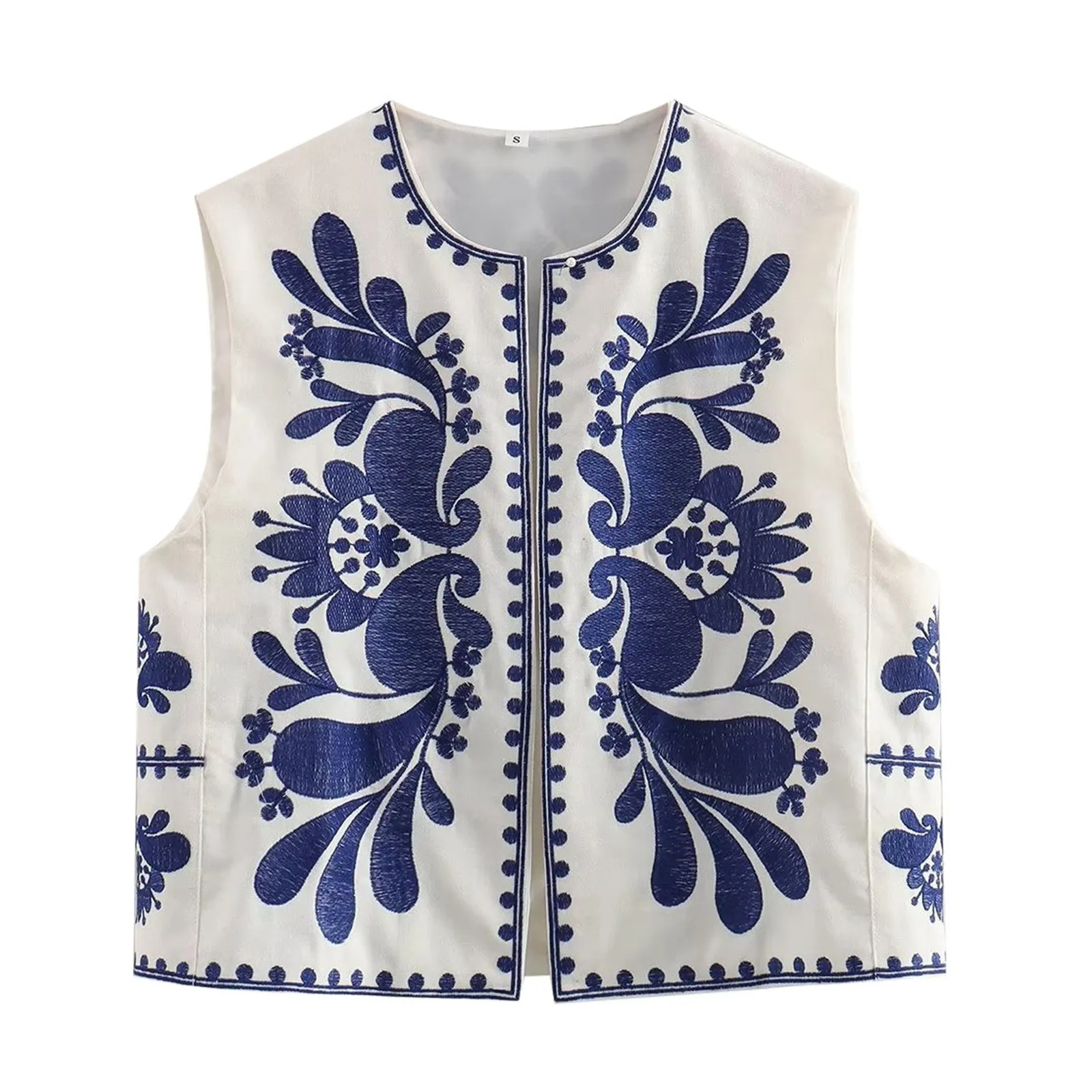 Gilets décontractés de style national chic pour femmes, gilet court vintage, broderie de fleurs, col en V, cardigan en fibre