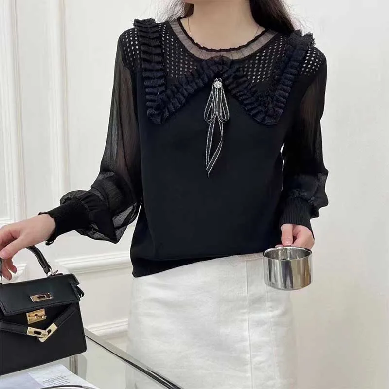 Fashion O-Neck Gauze Spliced Lace Ruffles Hollow Out Bow Blouses Female Clothing 2024 Spring New Loose Korean Tops Sweet Shirts