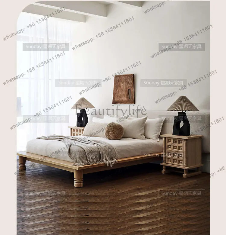 American retro simple tatami bed French light luxury double short head solid wood bed