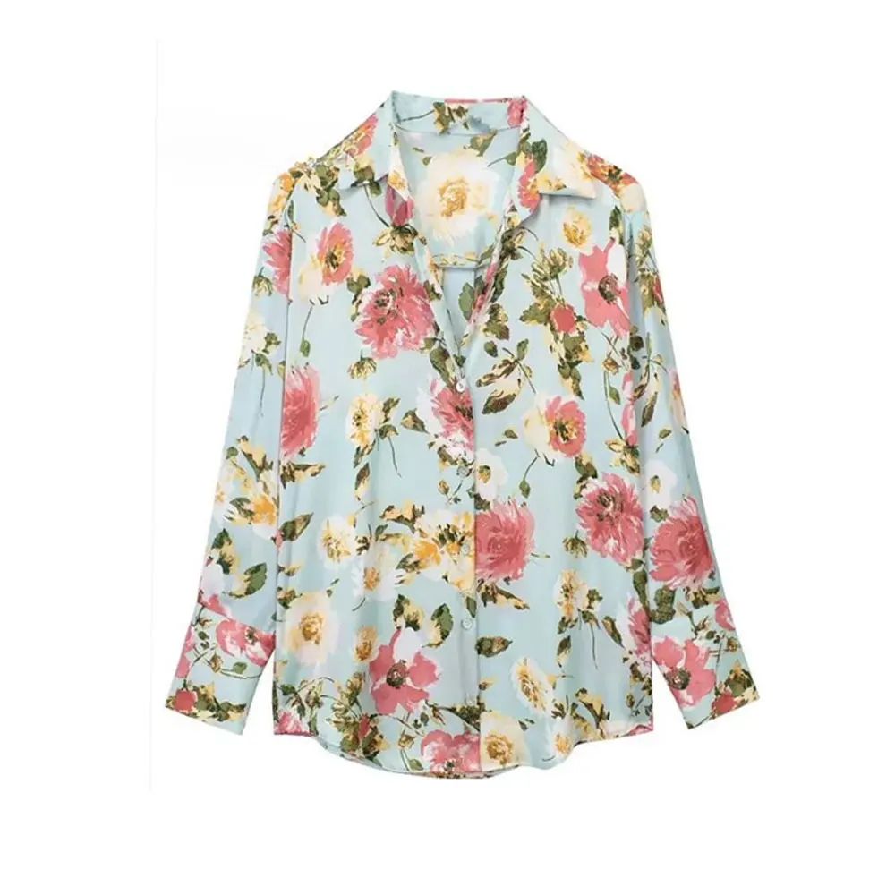 DUOPERI Women Fashion Floral Printed Loose Shirt Lapel Collar Long Sleeves Female Chic Lady Casual Blouse Tops