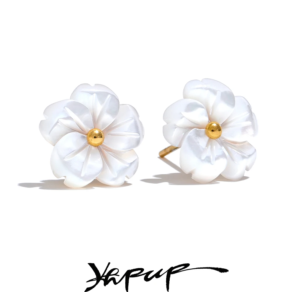 Yhpup Natural Shell Flower Exquisite Daily Stud Earrings for Women Fashion Stainless Steel Sweet Romantic Korean Premium Jewelry