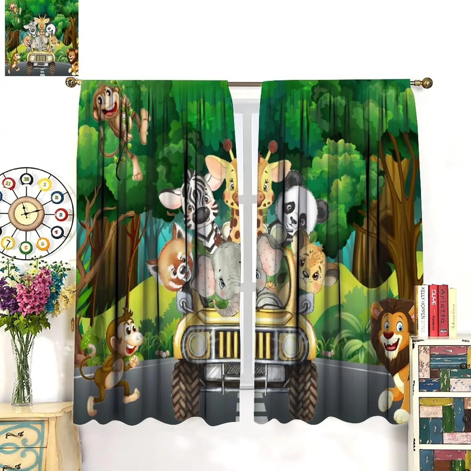Safari Animals Curtains for Kids, Tropical Jungle Safari Adventure African Animals Lion Elephant Monkey Print Window Drapes for