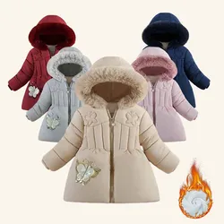 Winter Plus Velvet Parkas Baby Girls Outerwear Kids PlushThick Snowsuit Sequin Cartoon Butterfly Stickers Warm Hooded Coat