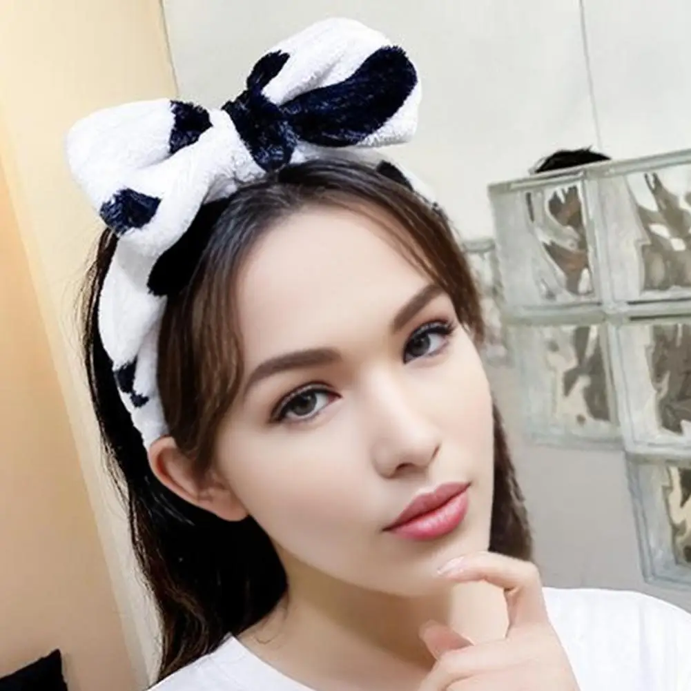 Headband Soft Fluffy Cow Headband for Women Spa Makeup Hair Band Adjustable Elastic Skincare Head Wrap for Girls Cute for Spa