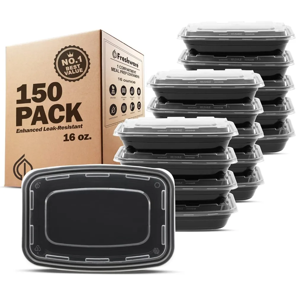 

150-Pack Meal Prep Containers with Lids, BPA-Free, Stackable, Microwave/Dishwasher/Freezer Safe (16 oz), Black