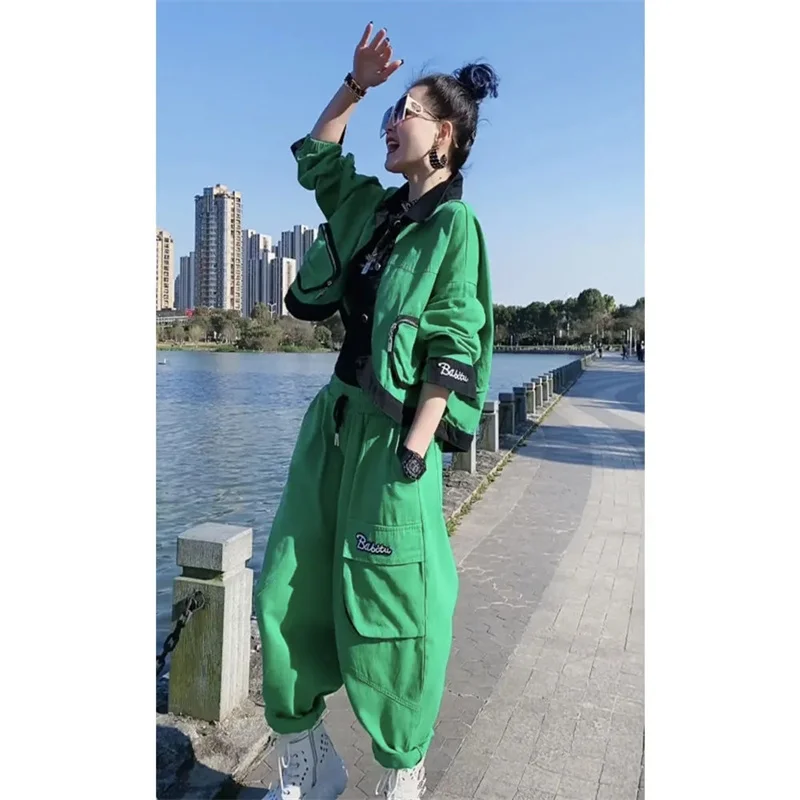 Green Fried Street Long Sleeve Two-piece Suit 2024 Spring and Autumn New Ladies Fashion Big Pocket Design Sense Joker Loose Set