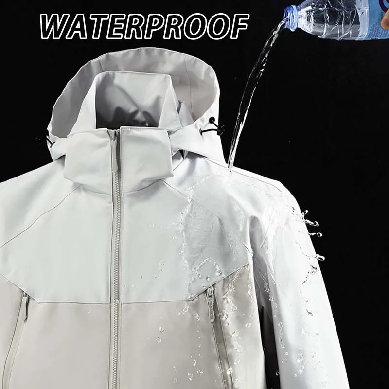 Spring Autumn Men Waterproof Hiking Jacket Women Stitching Color Hooded Windbreaker Outdoor Camping  Cycling Casual Jacket