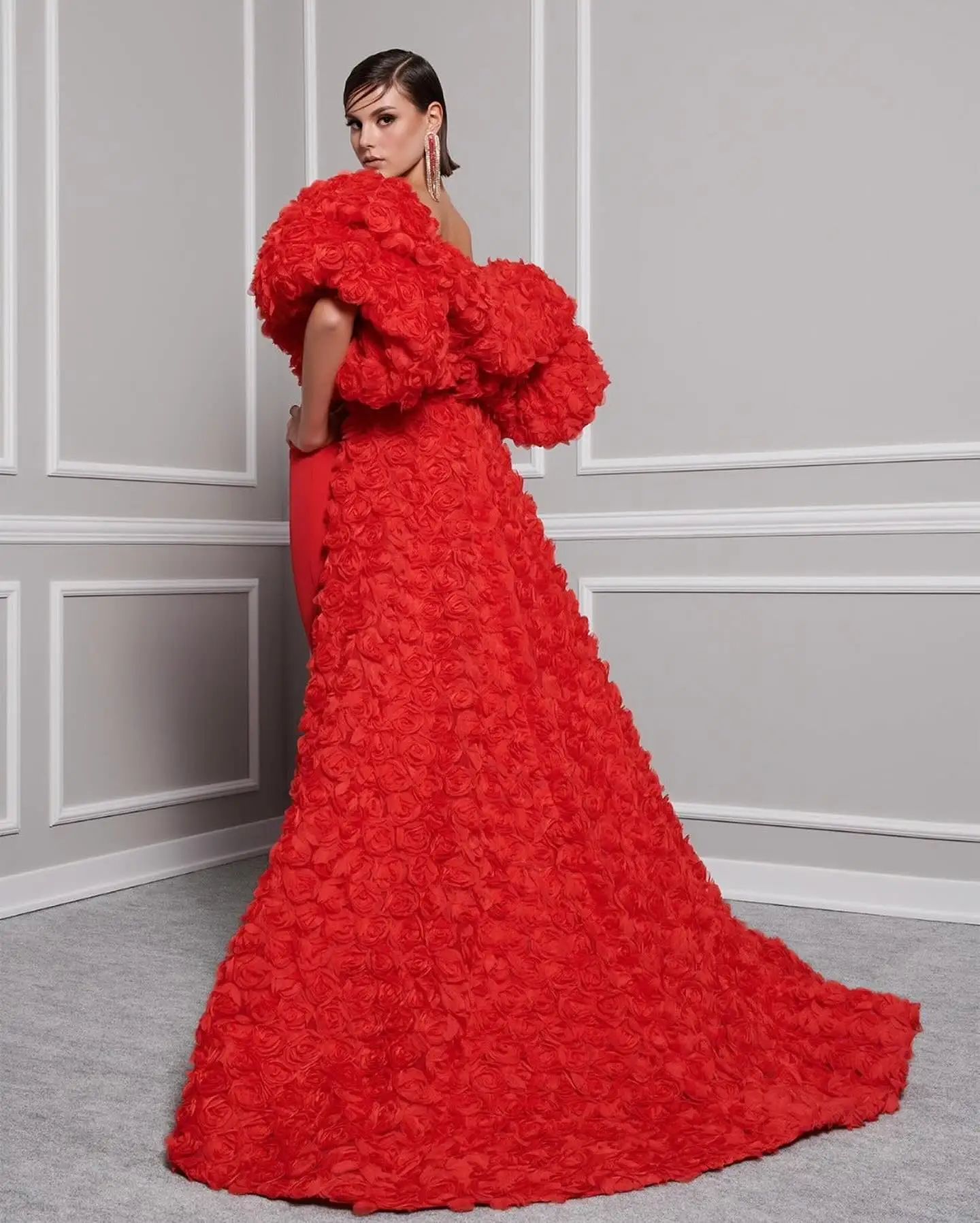 Customized Exquisite Jersey Mermaid Detachable Sleeve Appliques Evening Dress Strapless Floor Length Panel Train Red Delicate