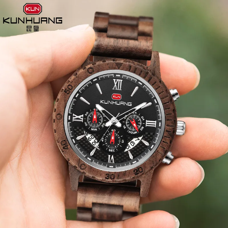 

Wooden Watch Men Multifunction Luxury Stylish Wood Timepieces Chronograph Military Quartz Movement 6 Hands Watches Nice Gift