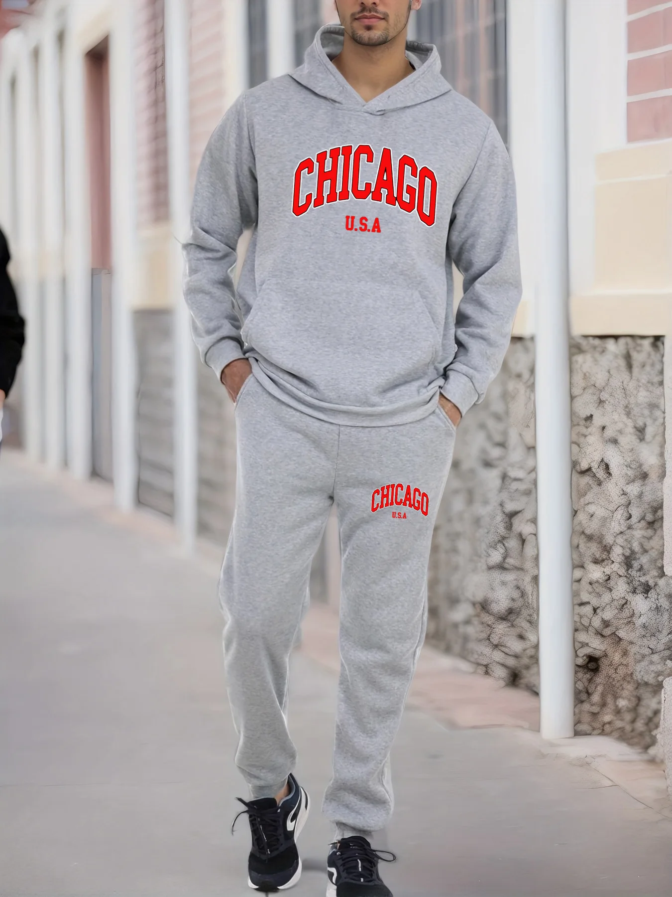 Heren herfst en winter casual mode warm CHICAGO USA patroon bedrukt los pluche dik sweatshirt met capuchon + joggingbroek set