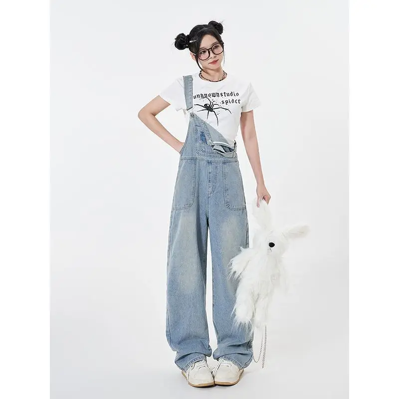 

Американский джинсовый комбинезон против старения, женские весенне-осенние 2024, новые свободные широкие брюки в стиле ретро с талией, рабочая одежда