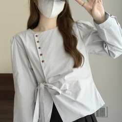 Spring Autumn New Solid Color Round Neck Long Sleeve Fashion Shirt Women High Street Button Lacing Bow Cardigan Elegant Tops