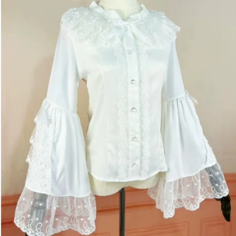 

Spring New Elegant Lolita Long Flare Sleeve Slim Court Shirt Fashion Girl Versatile Age-reducing Lace White Bottoming Shirts