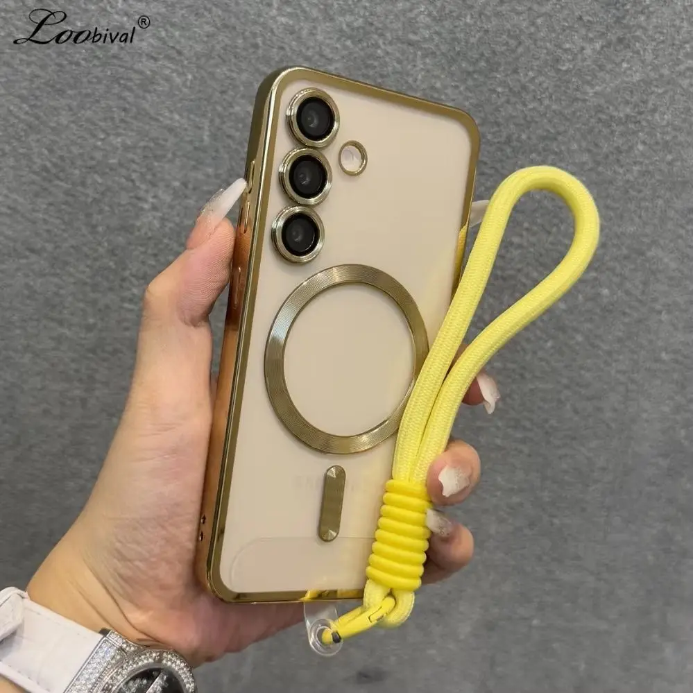 Galvanisierte Hülle mit MagSafe-Lanyard für Samsung Galaxy S25 S26 Ultra S24 FE S23 S22 Plus S21 – Handgelenkschlaufe und Kameraschutz aus TPU