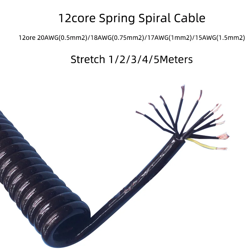 

12Core 20/18/17/15AWG 0.3mm2-1.5mm2 Black Spring Spiral CableTelescopic Wire Stretch 1-5Meter Stretchable Wire Shrinkable Cabl