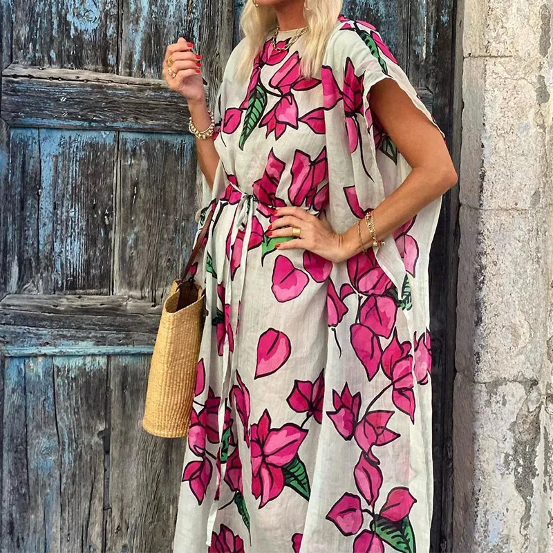 Vestido largo bohemio con cordones para mujer, prenda elegante y holgada con cuello redondo y estampado de flores, Estilo Vintage