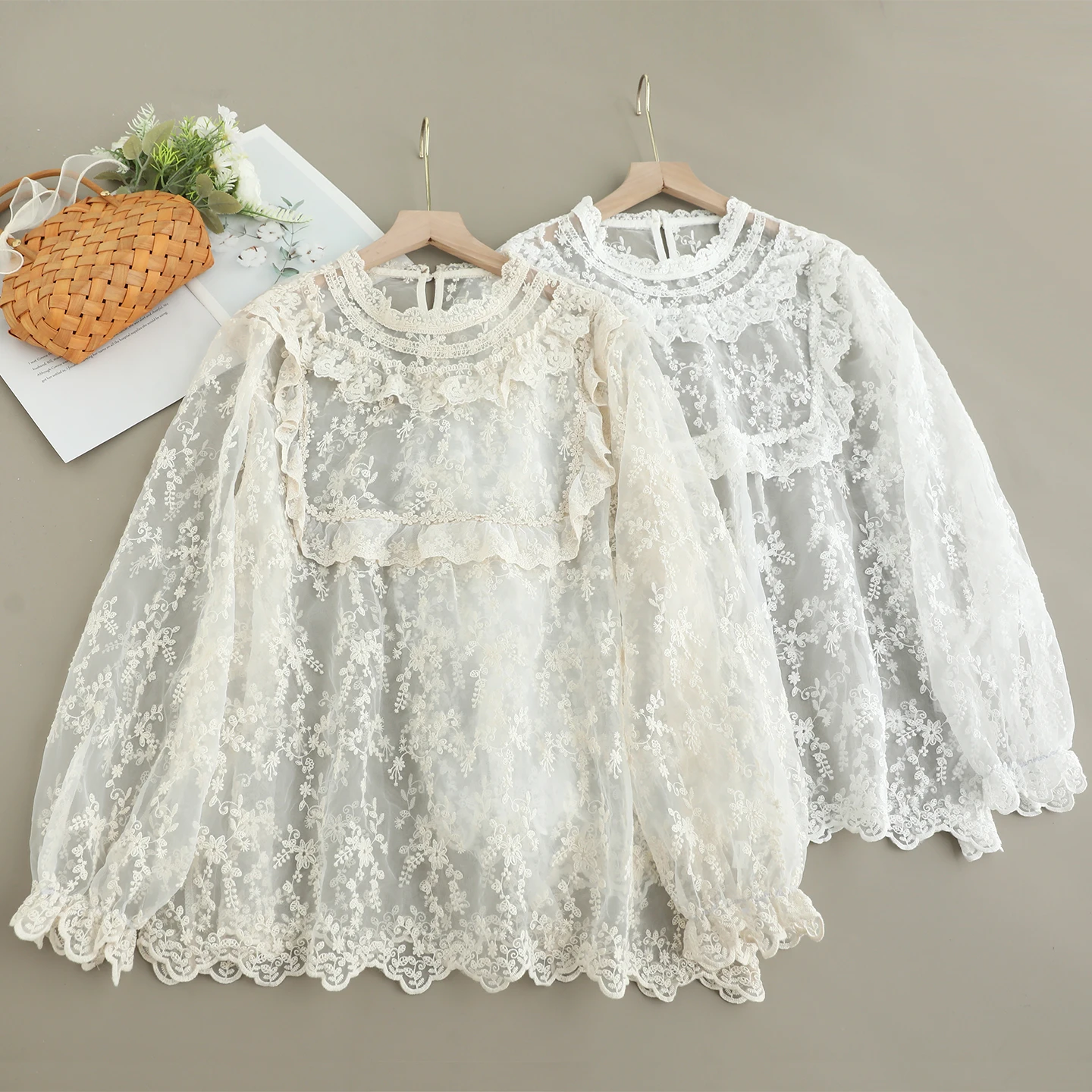 Japanese Sweet Mori Girl Lace Embroidery Organza Shirts Women Autumn Stand Collar Long Sleeve Casual Loose Pullover Blouse Tops
