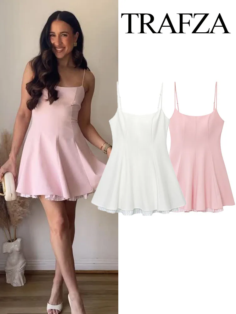 

TRAFZA Women Summer New Fashion Sweet Crew Neck Pink Striped Short Sling Dress Female Elegant Pleated Sexy Slim Sleeveless Dress