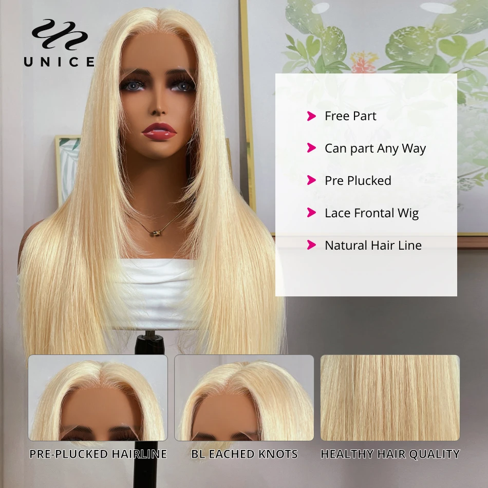 Perruque Lace Front Wig naturelle lisse-UNice Hair, cheveux humains vierges, couleur blonde 613, Sophia, 5x5 HD, 13x4, avec couche intérieure