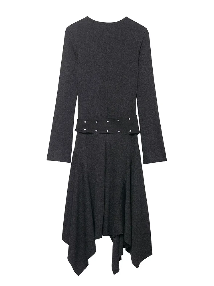 فساتين نسائية صيفية متينة غير متماثلة برقبة دائرية وأكمام طويلة بطيات فساتين نسائية عصرية مع حزام تزيين فستان ميدي مثير #2