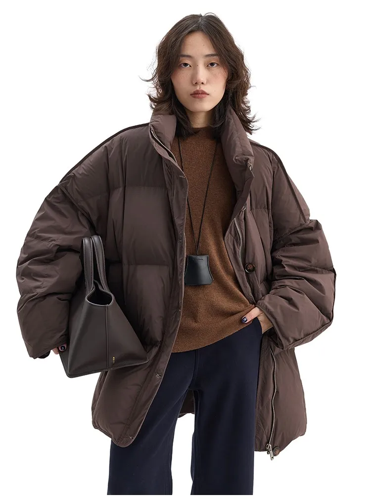 Women's Mid-Length Oversized down Jacket with Stand Collar, Warm Oversized Jacket Filled with White Duck Down, New Winter 2025 Model