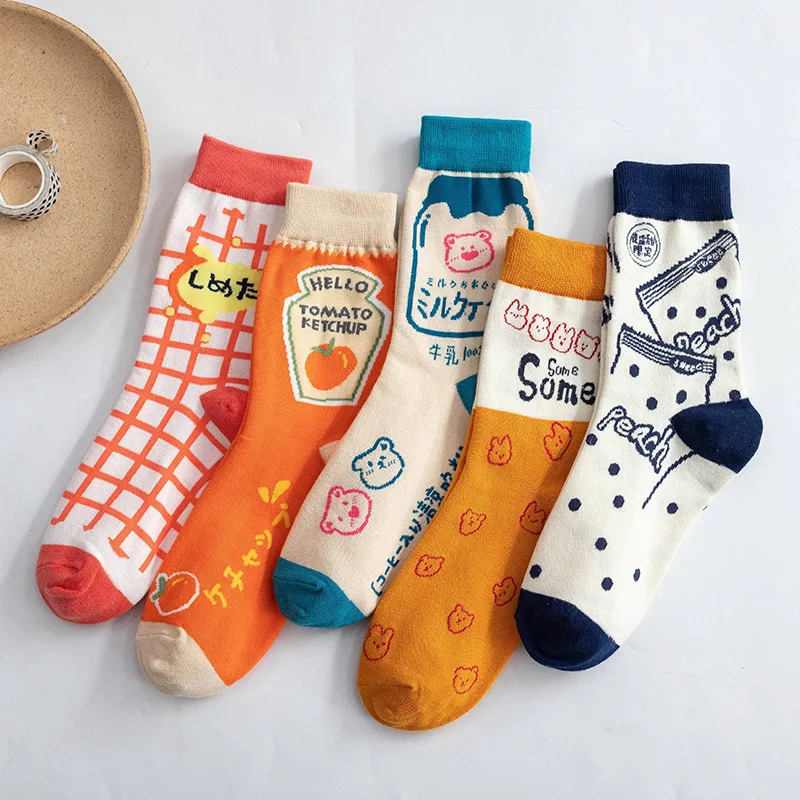 5 Pairs Laides' Socks Pack Japanese Preppy Style Plaid Cartoon Kawaii Sweet Cute Versatile High Quality Socks For Girl Wholesale
