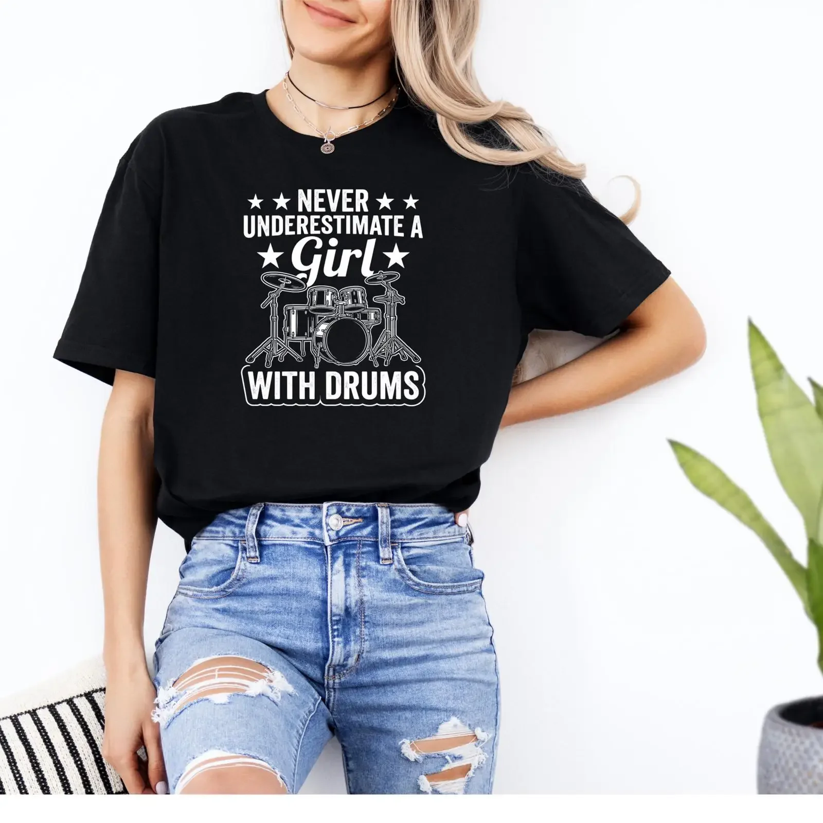 Never Underestimate A Girl With Drums T Shirt Funny Drummer Music Lover Women Rock Band vintage Washed designer clothes Casual
