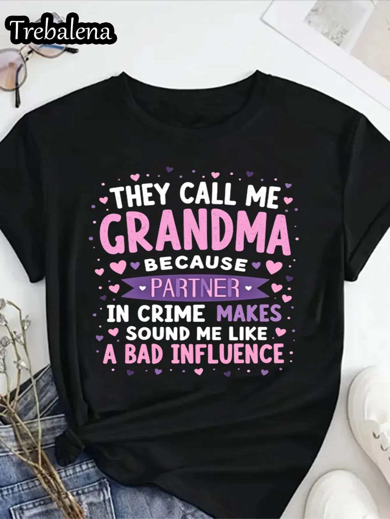 Plus Size T-shirt met ronde hals 100% katoen Ze noemen me oma omdat Partner in Crime klinkt me als een slechte 0XL-4XL