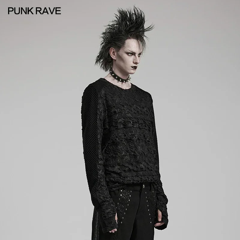 PUNK RAVE Men's Gothic Decadent Long Sleeve Splice Mesh Printed T-shirt Punk Handsome Cool Casual Tops Streetwear Autumn/Winter