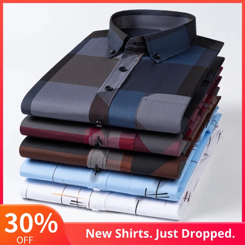 

Мужская деловая повседневная классическая рубашка в полоску с горячим тиснением, слегка эластичная уникальная рубашка с карманами и воротником на пуговицах с длинными рукавами