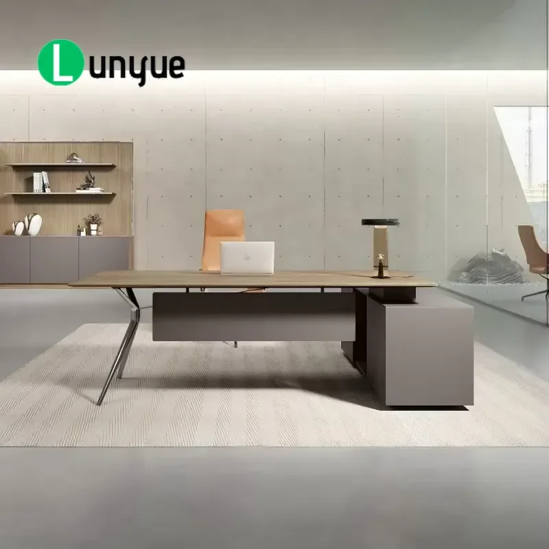 Modern Commercial Office Desk with Storage Side Cabinet Chrome Plated Metal Legs MFC Wood Board Waterproof Eco Friendly