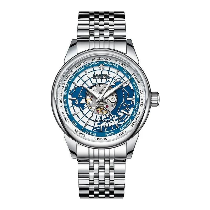 Men's Trendy Fashion Automatic Mechanical Watch Earth Dial See-through Case Back Screw Crown 30m Water Resistance40mm Large Dial