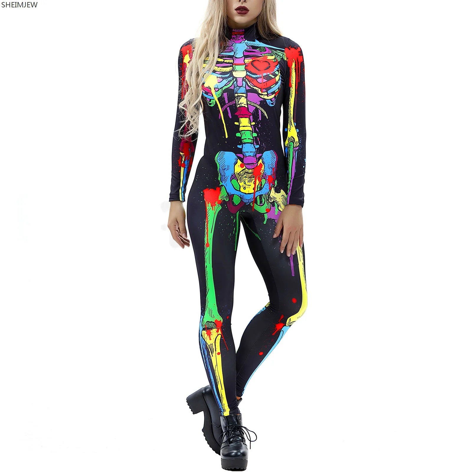 3D Printing Women's Turtleneck Colorful Skeleton Zip Jumpsuit Full Body Bodysuit Halloween Zentai Suit Sexy Romper Rave Outfits