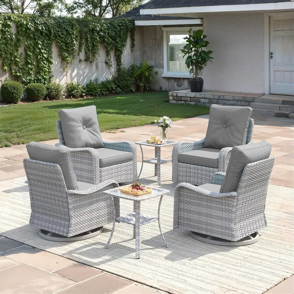 

6-Piece Patio urniture Set, Outdoor Swivel Rocking Chairs with 4" Thick Cushions & Side Table, All-Weather PE Rattan & Rust-Resi