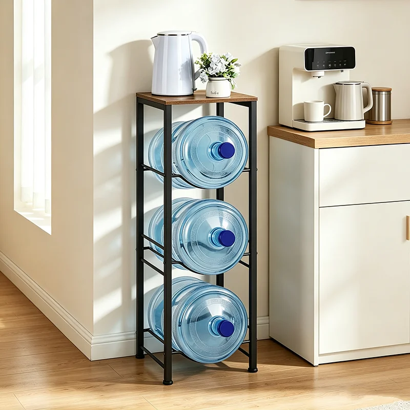 3-Tier Drink Water Bucket Storage Rack with Wooden Shelves Wheels Water Bottle Holder Office Storage Rack for Kitchen Livingroom