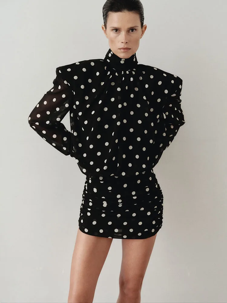 Kliou Polka Dot Print Mini Dress Woman Turtleneck Mesh See Through Full Sleeve Skinny Peach Hip Street Ruched Elegant Bodycon