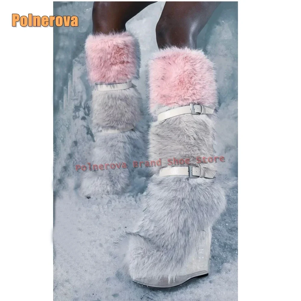 Women Knee High Boots 2026 Winter Multicolor Faux Fur Fashion Snow Boots Round Toe Strange Style Belt Buckle Street Style Trend
