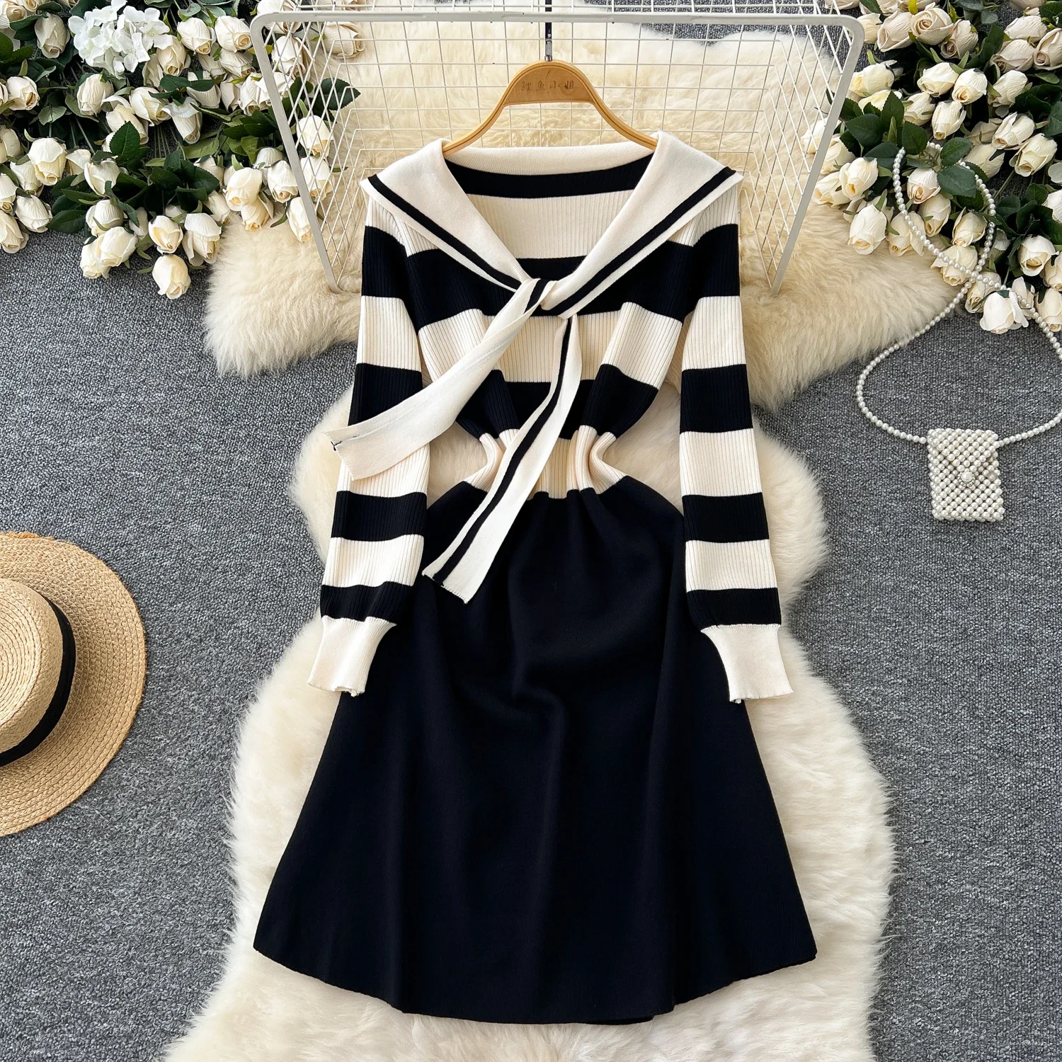 Chic Turn-down Collar Slim Bandage Long Sleeve Patchwork Striped Knit Dress High Street Vintage Women Autumn Winter Clothing