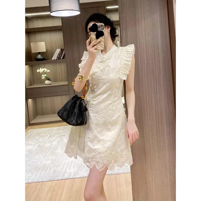 新着中国の伝統的な刺繍袍ツーピースセット、アプリコットカラーのチャイナトップとスカートスーツ女性用ドレス