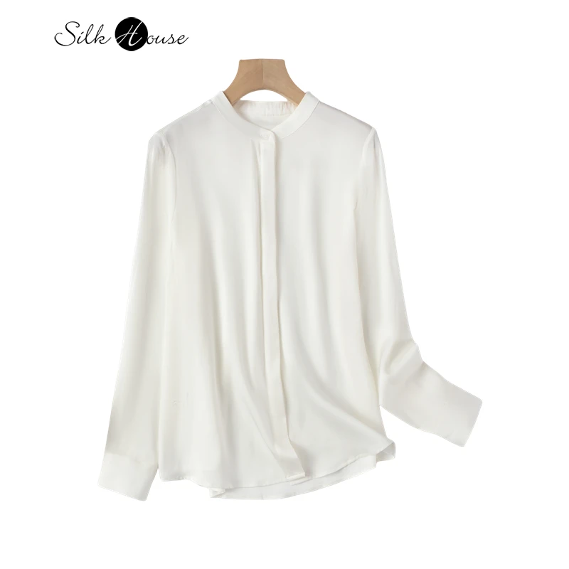 

2024 Women's Fashion Spring/Summer New 19MM Elastic Double Qiao 93%Natural Silk White Simple Long Sleeved Standing Neck Shirt