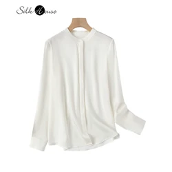 2024 Women's Fashion Spring/Summer New 19MM Elastic Double Qiao 93%Natural Silk White Simple Long Sleeved Standing Neck Shirt