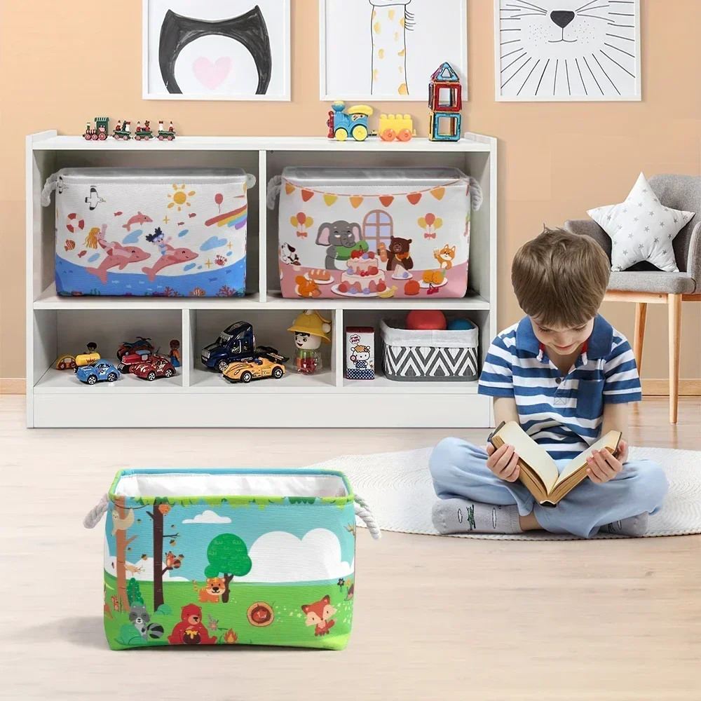 1/2PCS Collapsible Cartoon Storage Basket Large Capacity Storage Basket with Handle Foldable Storage Bin for Nursery Playroom