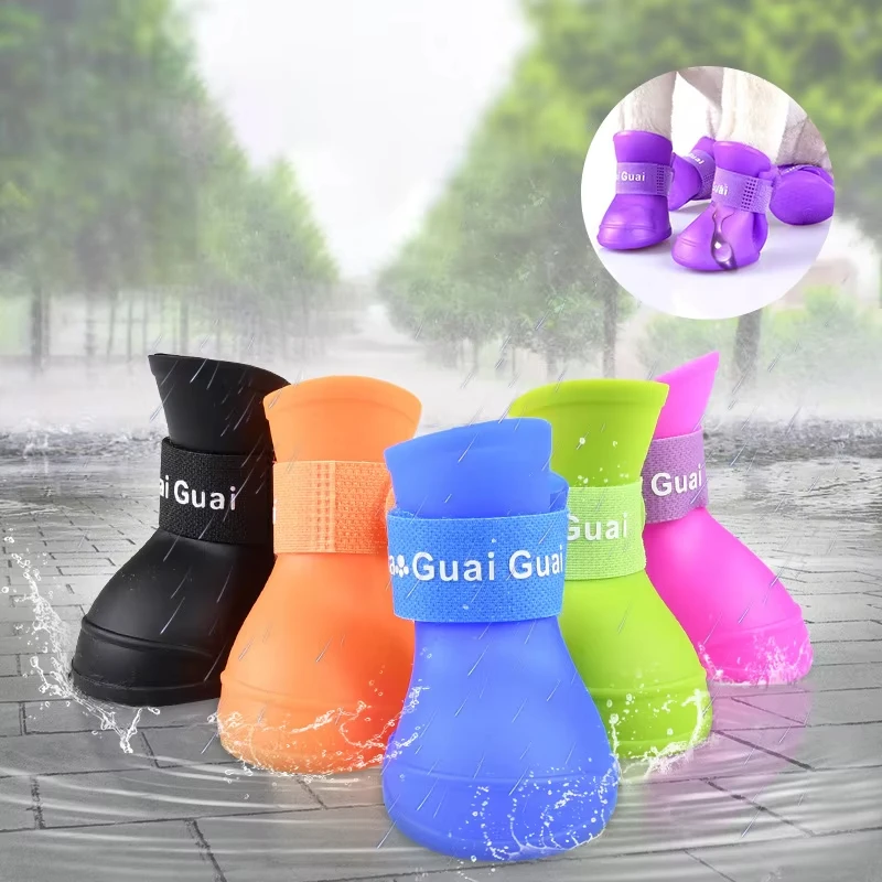 

4pcs/Set Waterproof Non-slip Dog Shoes Soft Rubber Candy Color Outdoor Pet Rain Boots for Large Dogs Pet Portable Supplies